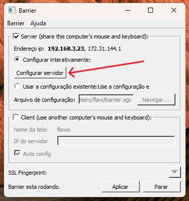 Tela do Barrier no servidor mostrando o botão Configurar servidor em destaque