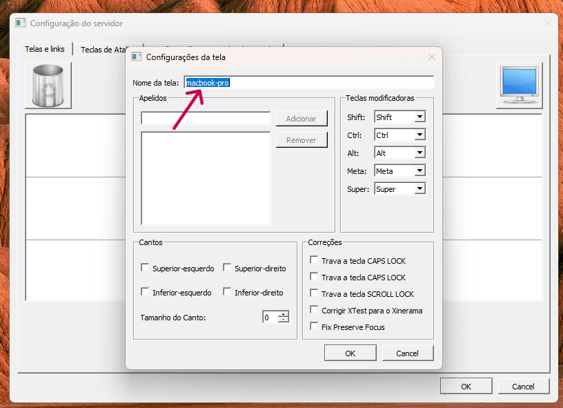 Janela de Configurações da tela com Nome da tela igual a macbook-pro em destaque