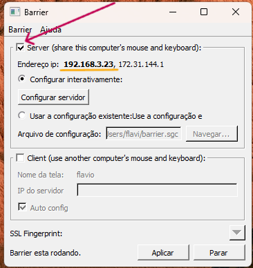 Tela do Barrier no Windows com a opção Server marcada e o IP 192.168.3.23 em destaque